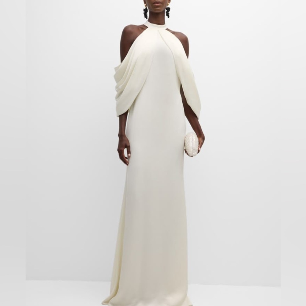 Badgley Mischka Collection Draped Cold-Shoulder Halter Gown (only worn once)